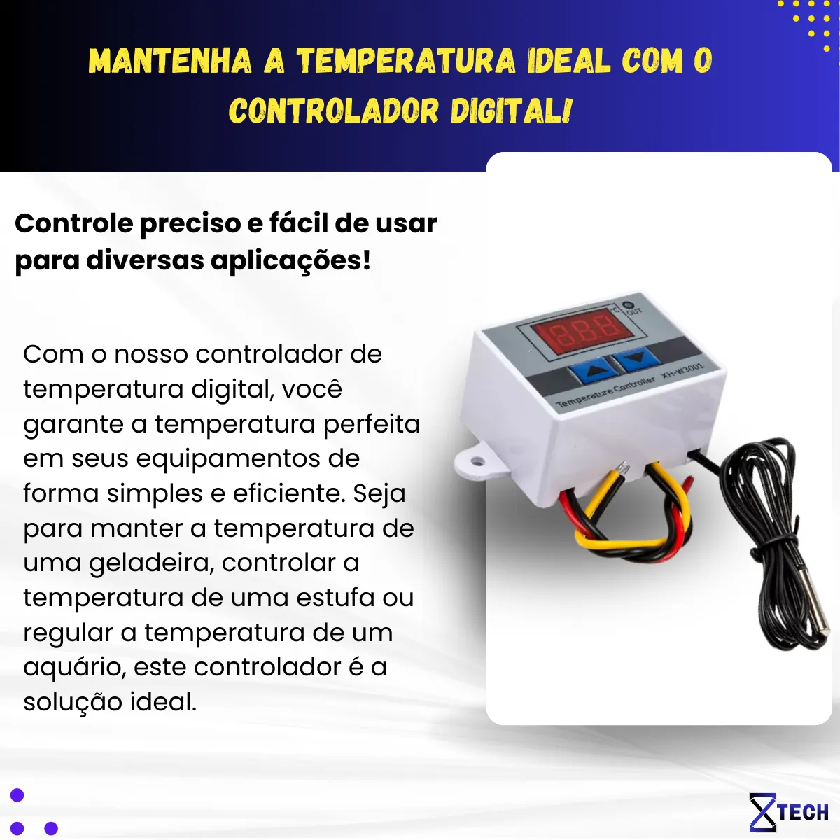 Controlador digital de temperatura XH-W3001 com visor LED, botões de ajuste e medidas destacadas em milímetros.