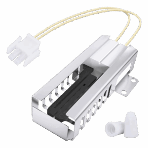 Elemento de aquecimento com resistência preta, corpo metálico ventilado, fios amarelos e conector branco, acompanhado de isoladores cerâmicos.