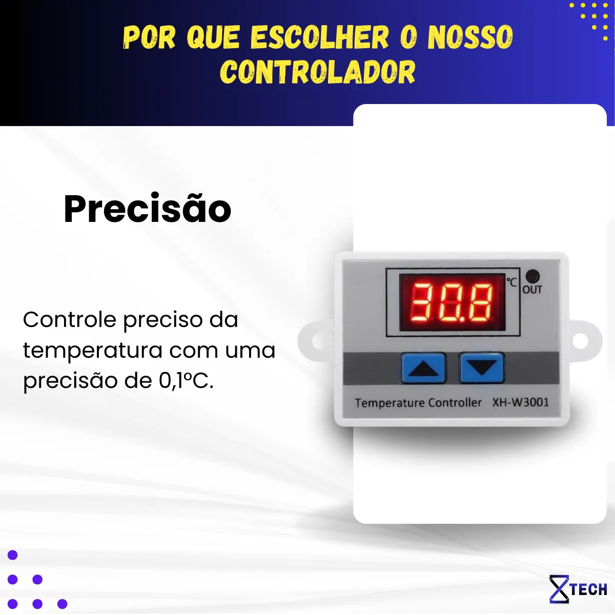 Controlador digital de temperatura XH-W3001 com visor LED, botões de ajuste e medidas destacadas em milímetros.