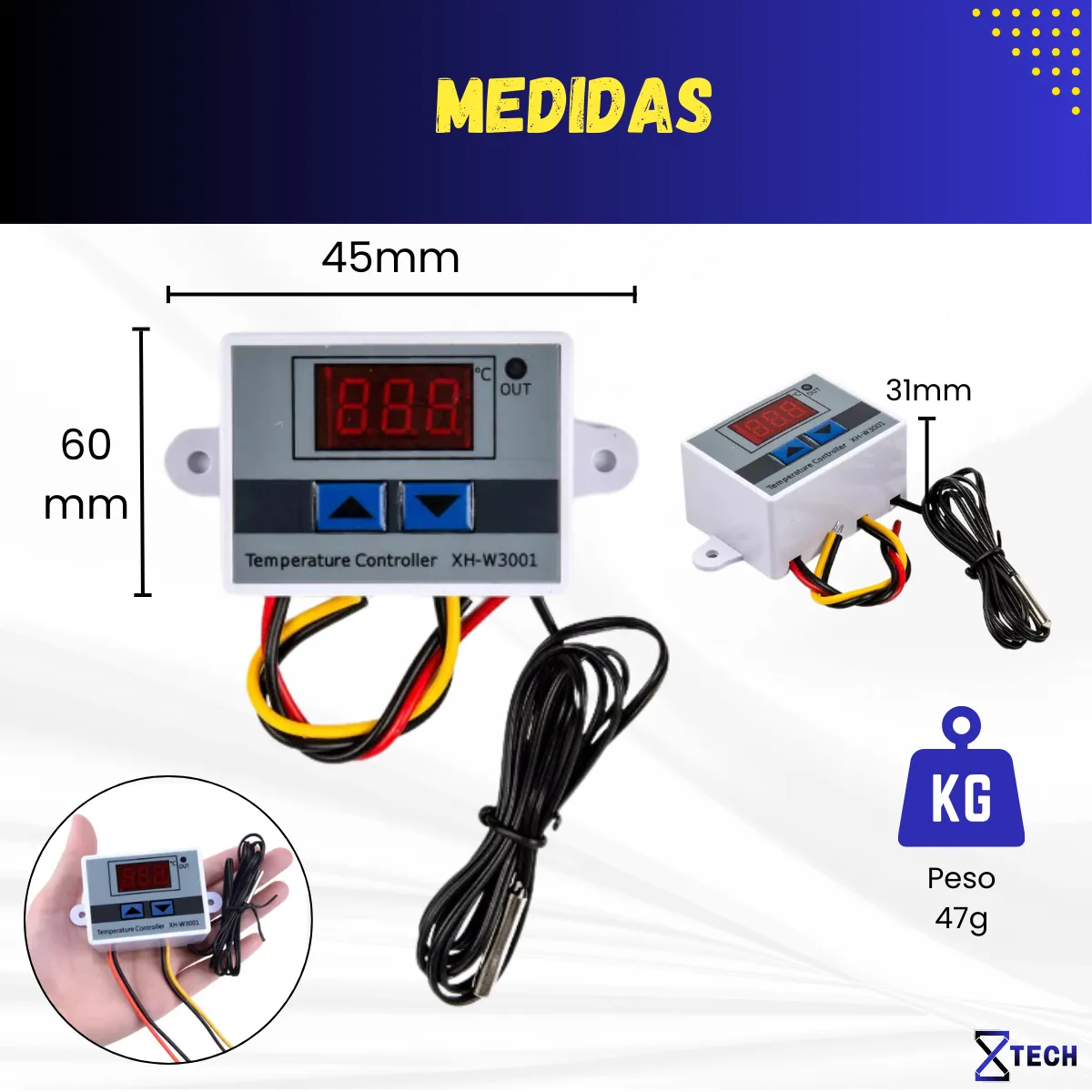 Controlador digital de temperatura XH-W3001 com visor LED, botões de ajuste e medidas destacadas em milímetros.