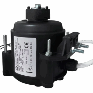Micromotor preto com suporte metálico e fios brancos, indicado para sistemas de refrigeração com tensão de 127V.