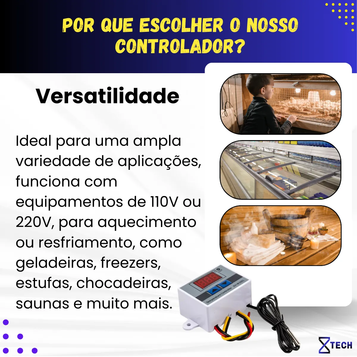 Controlador digital de temperatura XH-W3001 com visor LED, botões de ajuste e medidas destacadas em milímetros.