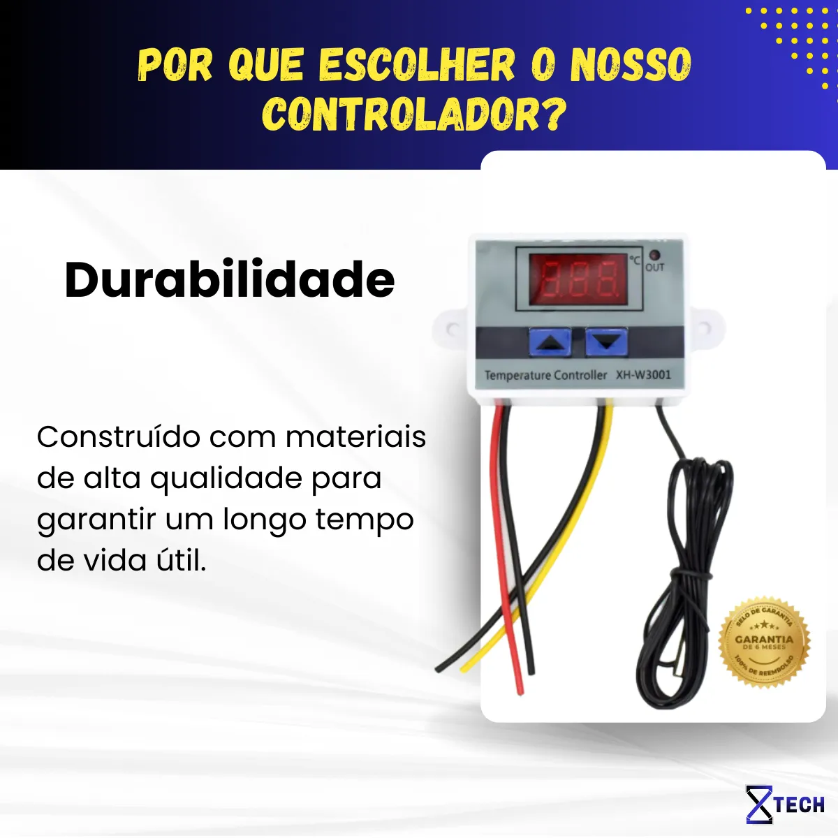 Controlador digital de temperatura XH-W3001 com visor LED, botões de ajuste e medidas destacadas em milímetros.
