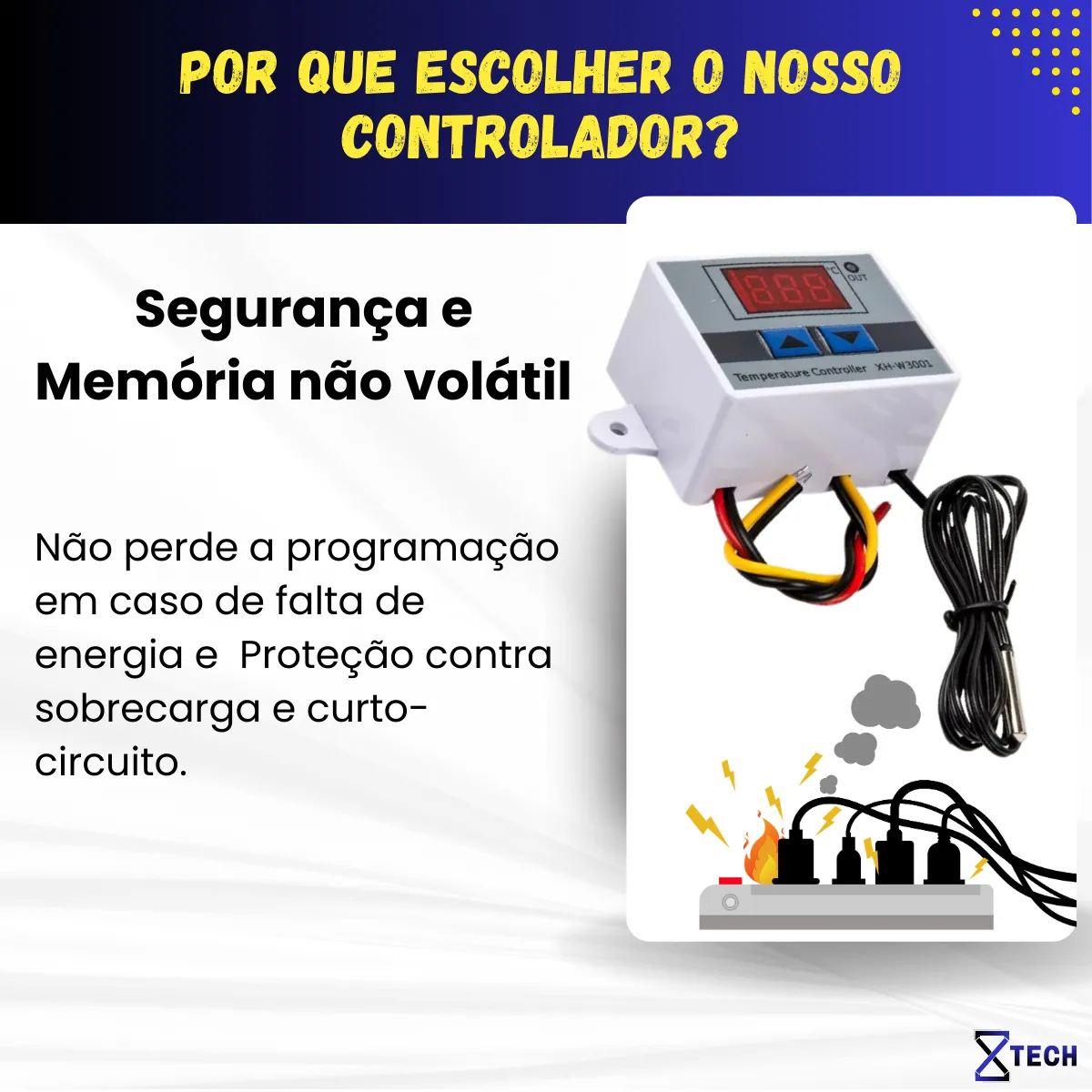 Controlador digital de temperatura XH-W3001 com visor LED, botões de ajuste e medidas destacadas em milímetros.