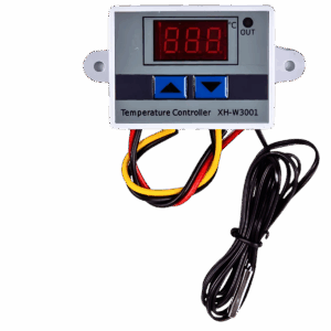 Controlador digital de temperatura XH-W3001 com visor LED, botões de ajuste e medidas destacadas em milímetros.