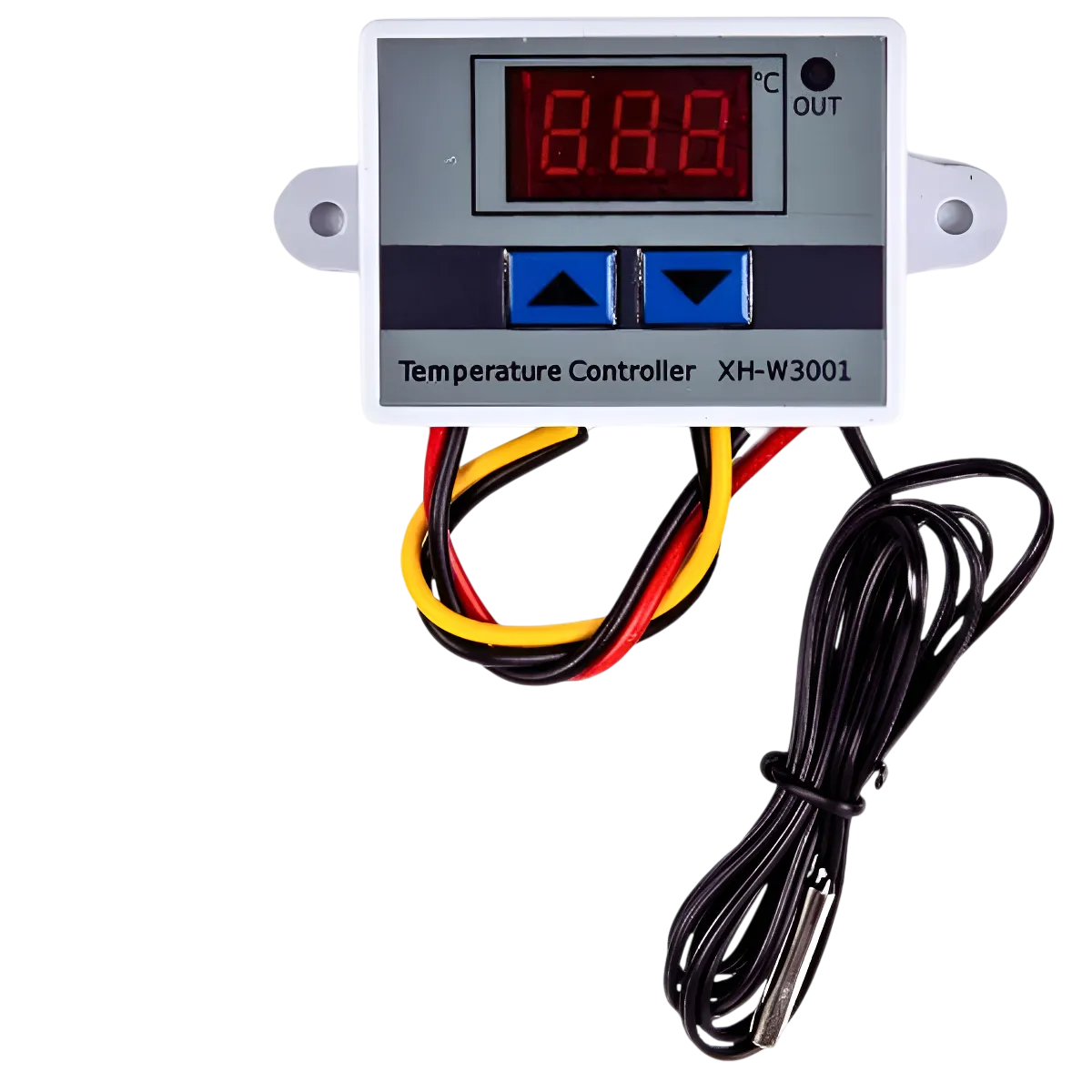 Controlador digital de temperatura XH-W3001 com visor LED, botões de ajuste e medidas destacadas em milímetros.