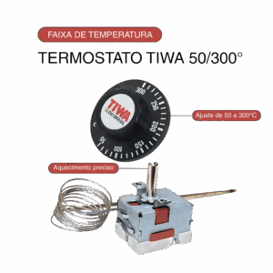 Imagem promocional de termostato TIWA 50/300°, com mostrador circular e componente metálico com tubo capilar.